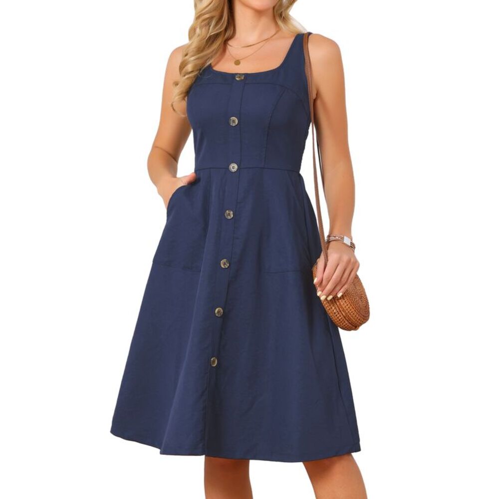 Women's Summer Dress Casual Square Neck A-Line Tank Sundress Dark Blue
